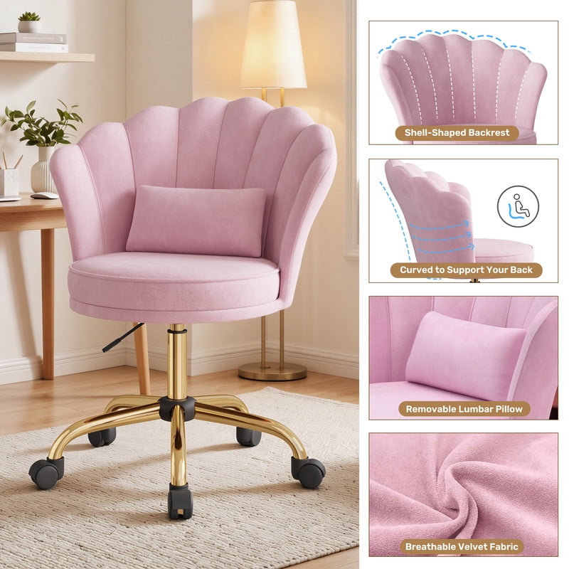 Hawsaiy Shell Back Home Office Chair with Lumbar Pillow, Modern Upholstered Desk Chair with Gold Metal Base, Swivel Adjustable Computer Chair for Home Office, Pink