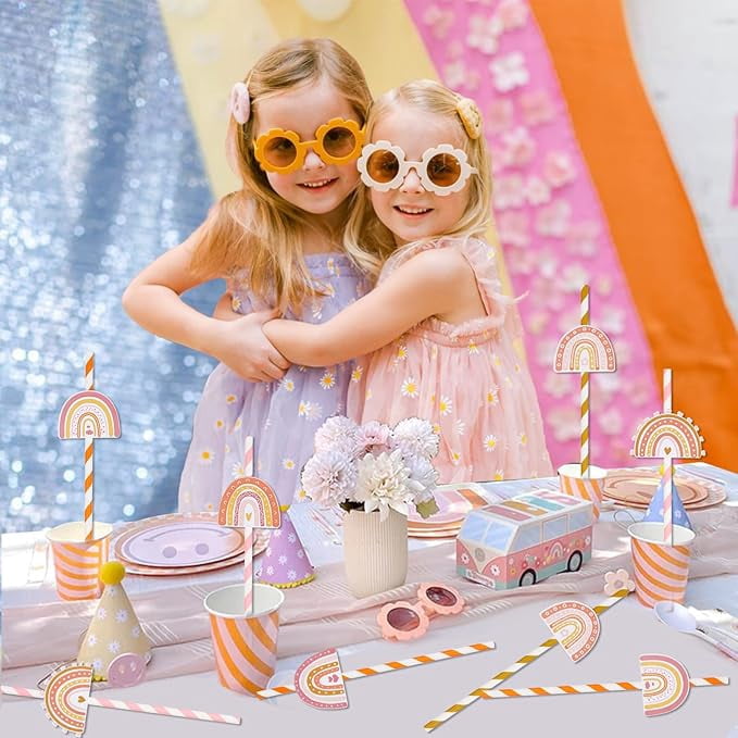 Serencatcher 50Pcs Boho Rainbow Paper Straws, Boho Rainbow Baby Shower Decorations with Colorful Double-sided Printing Striped Decorative Straw for Girls Retro Groovy Rainbow Birthday Party favors