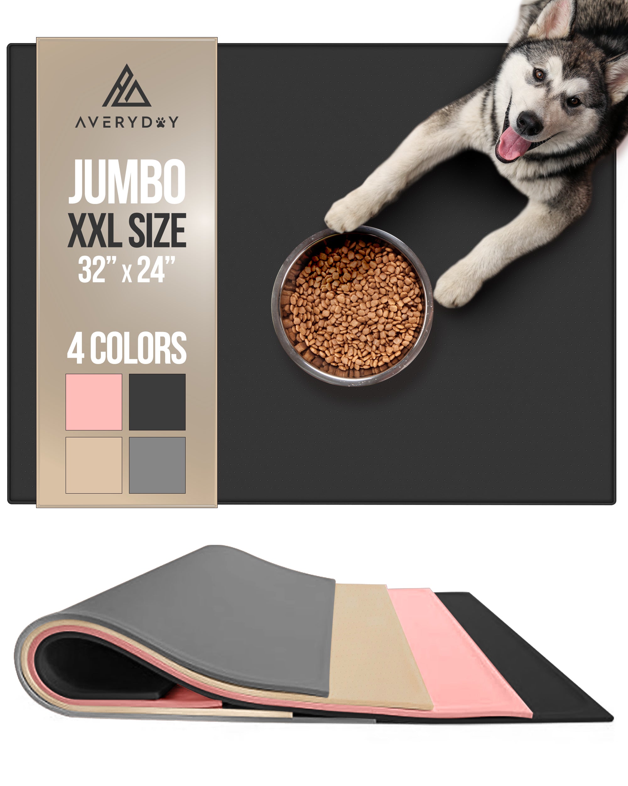 AVERYDAY 32x24 inch Silicone Dog Water Bowl Mat Fits Multi Cat Feeding Stations, 0.63 inch High Edge XL Waterproof Rubber Pet Dog Cat Food Bowl Mat/
