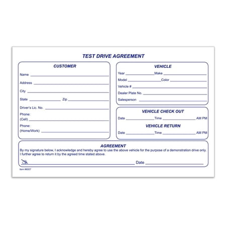 Test Drive Agreement Form for Automotive Dealerships and Rental Services - 8-1/2" x 5-1/2", 1-Part Padded at Left, 20# White Paper - Protect Against Damage or Theft - Pack of 300