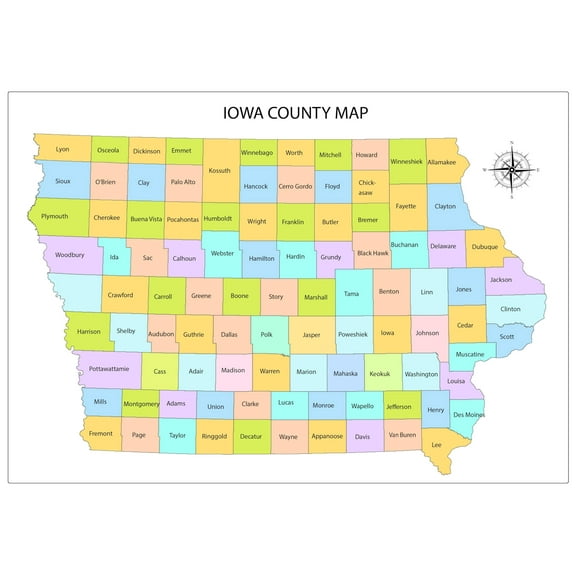Wall Art Impressions 34x24in Poster Iowa county map with county names [Laminated]