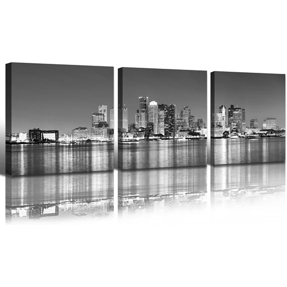 Black and White Boston Skyline Canvas Wall Art - 3 Pieces City Night Scene Panoramic Painting Pictures Print Modern Living Room Office Wall Decor Home Decorations Framed 16"x16"x3