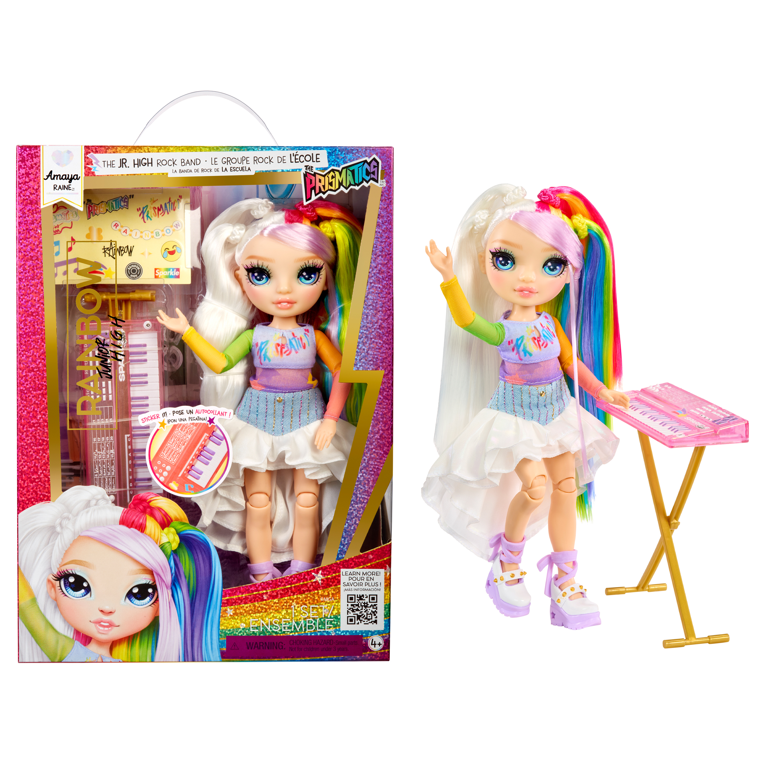 Rainbow High Jr High Rock Band - Amaya, Rainbow 9” Fashion Doll with Keyboard and Stickers