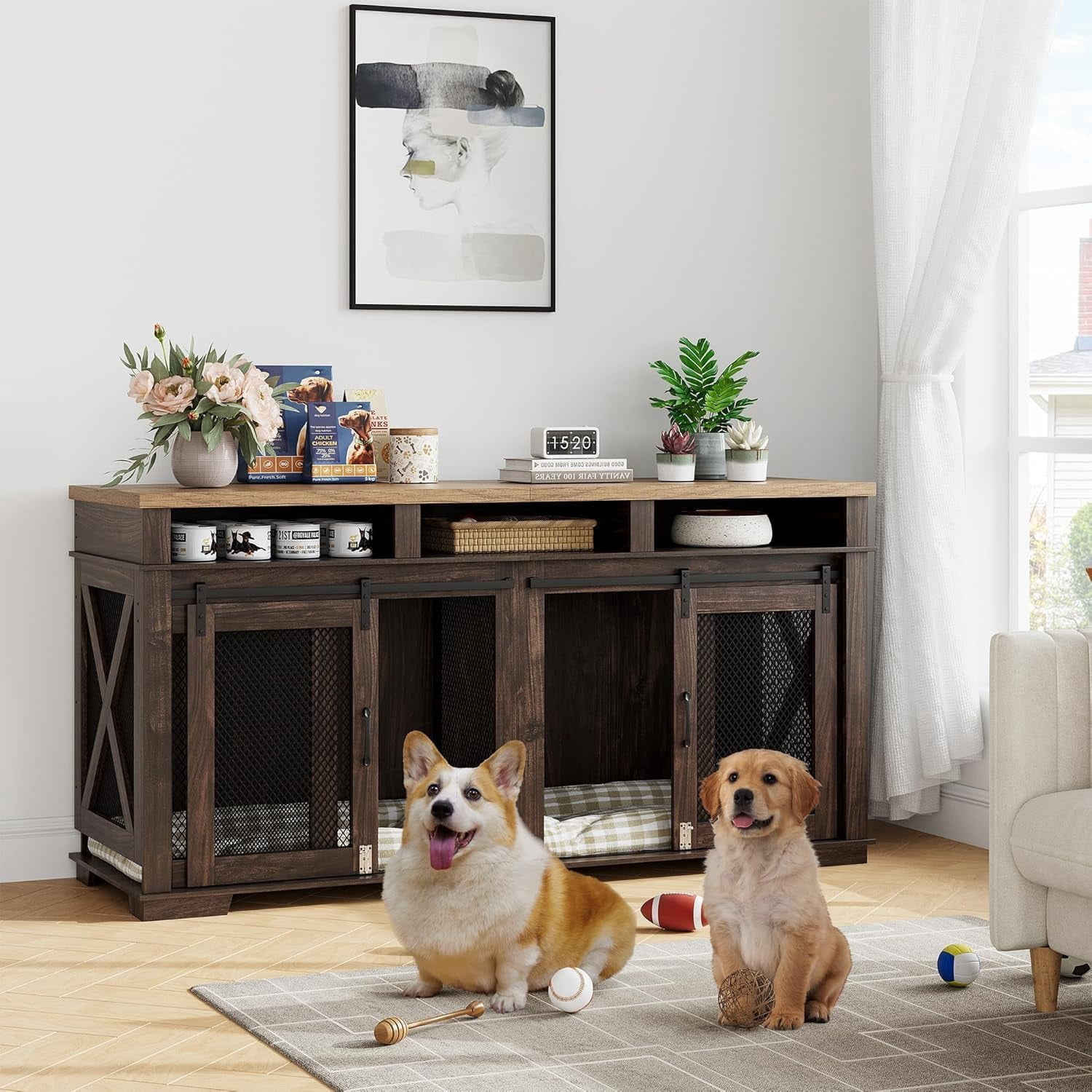 EastVita Heavy Duty Dog Crate Furniture Kennel with Removable Divider for Large Dog, Versatile Dog House with Sliding Door and Storage Cubby for 2 Dogs