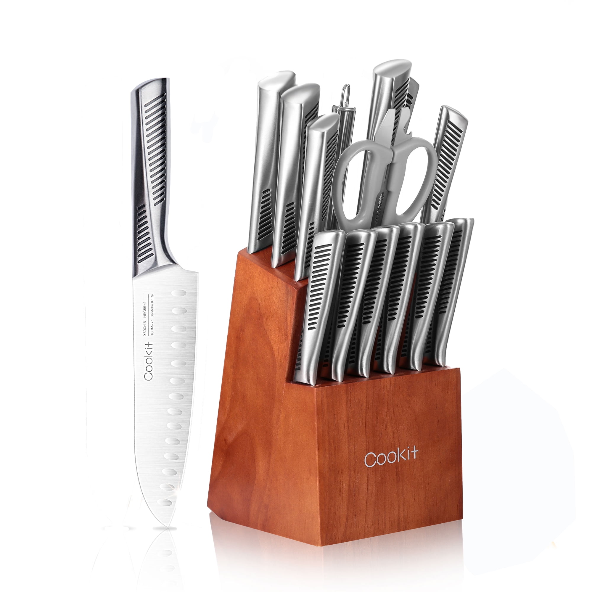 15 PCS Stainless Steel Kitchen Knife Set, German NonSlip Hollow Handle