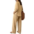 thumbnail image 4 of VISALY 2 Piece Linen Outfit 3/4 Sleeve V Neck Cotton Linen Tunic Blouse Peasant Shirts Drawstring Waist Wide Leg Pants Set Lightweight Casual Summer Gauze Sets Beach Vacation Tracksuit Khaki Xl, 4 of 8