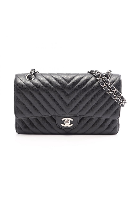 Pre-Owned Chanel Chevron V-stitch Double Flap Shoulder Bag/Handbag, Caviar Leather (Grained...