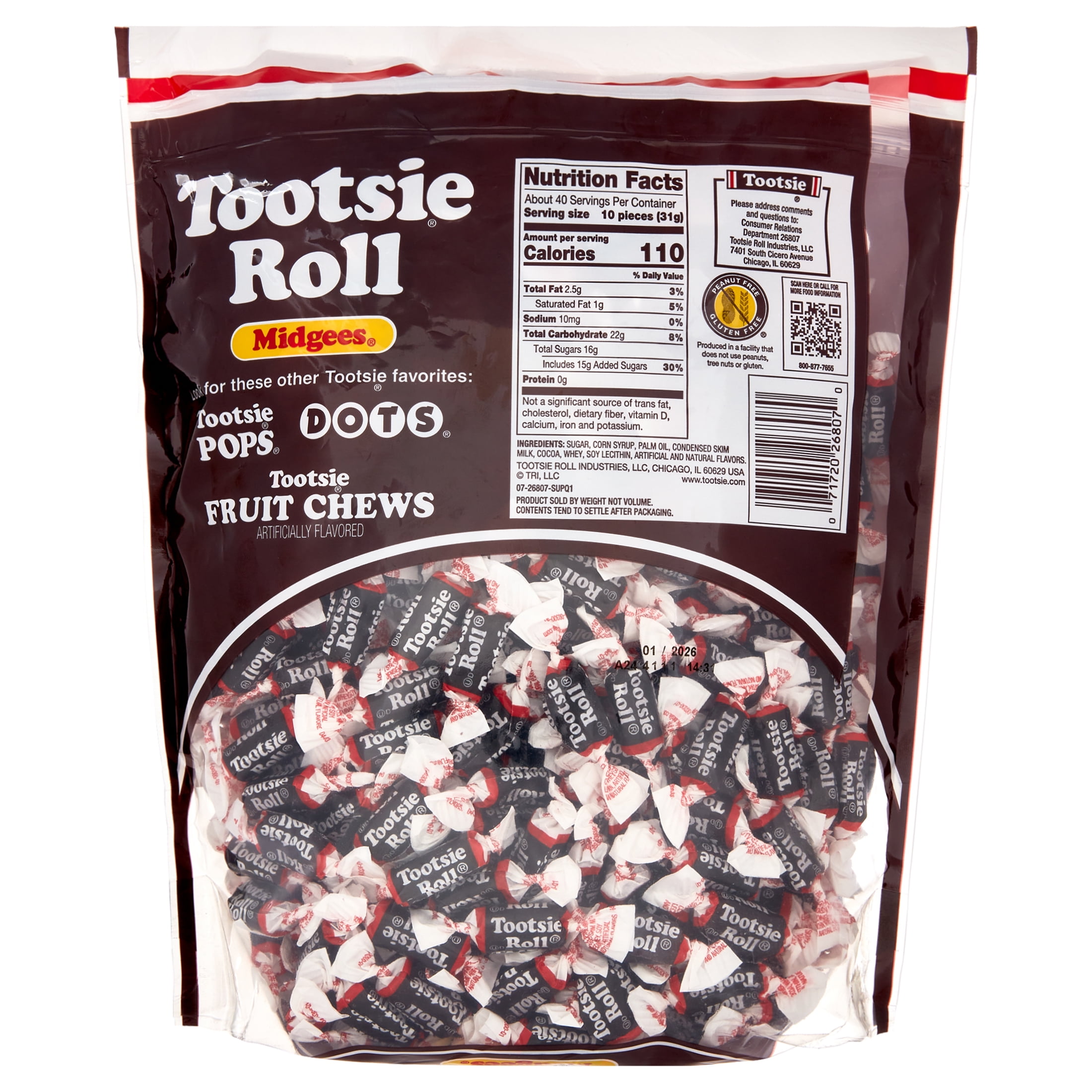 Tootsie Roll, Midgees Chocolate Candy, 43.1 oz (400 Pieces), Peanut Free, Gluten Free, Contains Milk and Soy.