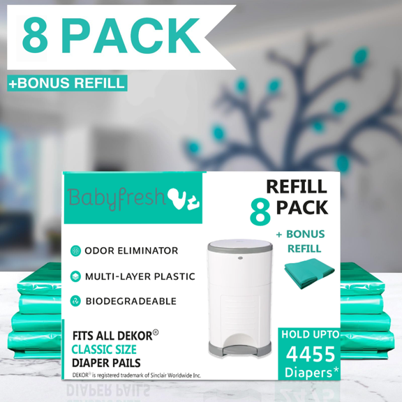 8+1 Pack Refill Bags for DEKOR CLASSIC Diaper Pails | 30% Thicker | Odor-Eliminating Fresh Powder Scent | Holds up to 5000 Diapers | Strong, Leak-Proof, Easy to Use