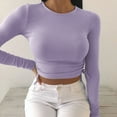 thumbnail image 2 of XFLWAM Women's Crew Neck Ruched Side Drawstring Crop Top Long Sleeve Ribbed Fitted Crop T-Shirt Cute Solid Color Bodycon Tops Purple S, 2 of 7