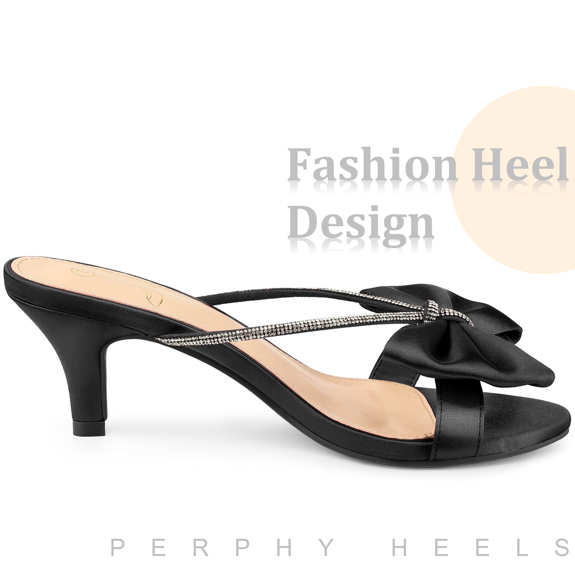 Unique Bargains Women's Rhinestone Strap Bow Kitten Heels Slide Sandals