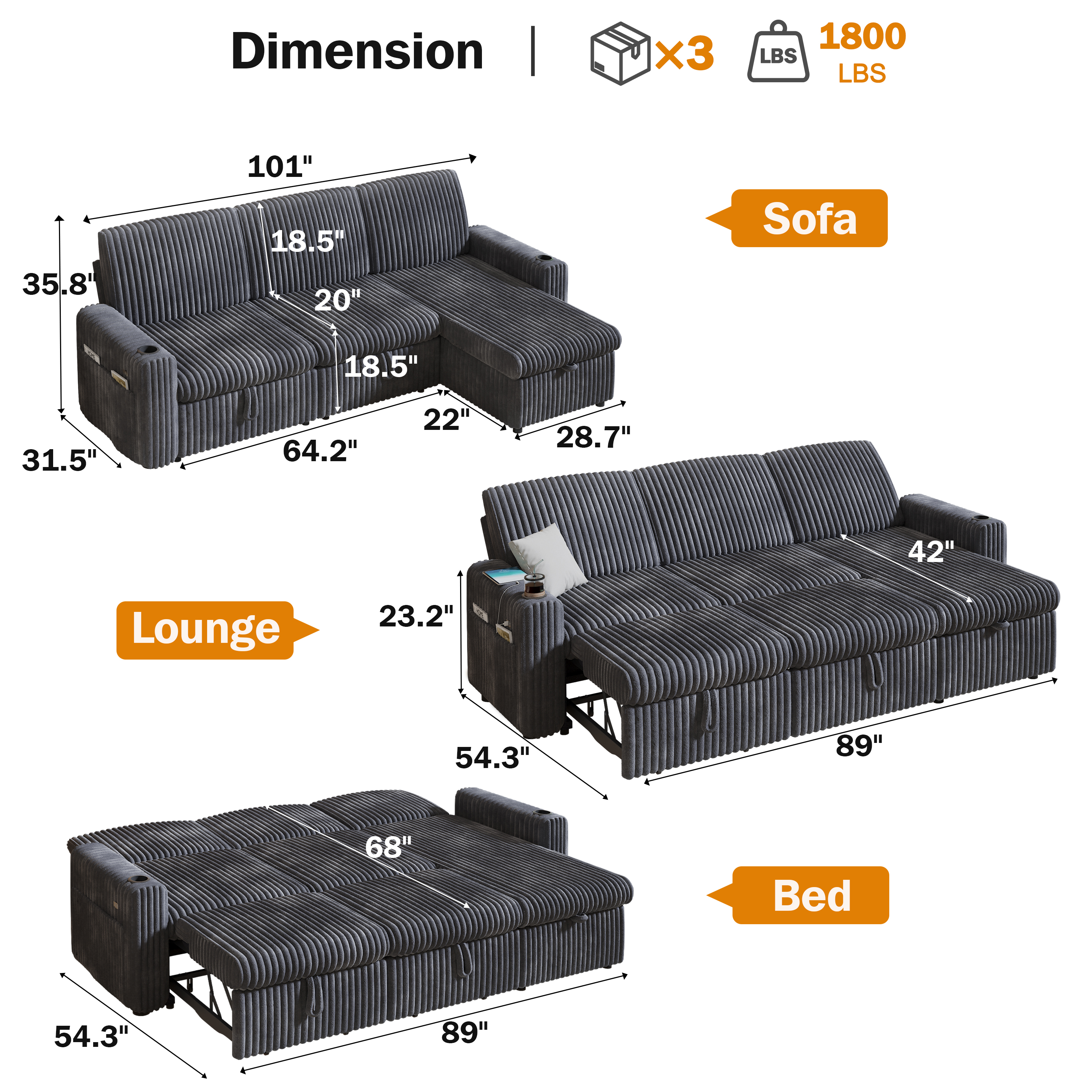 101” Detachable Mattress Sleeper Sofa with Pull-Out Mattress - L-Shaped Design, Adjustable Backrest + Reversible Storage Chaise, USB Ports/Cup Holders, Quick Assembly, Soft Gray Corduroy