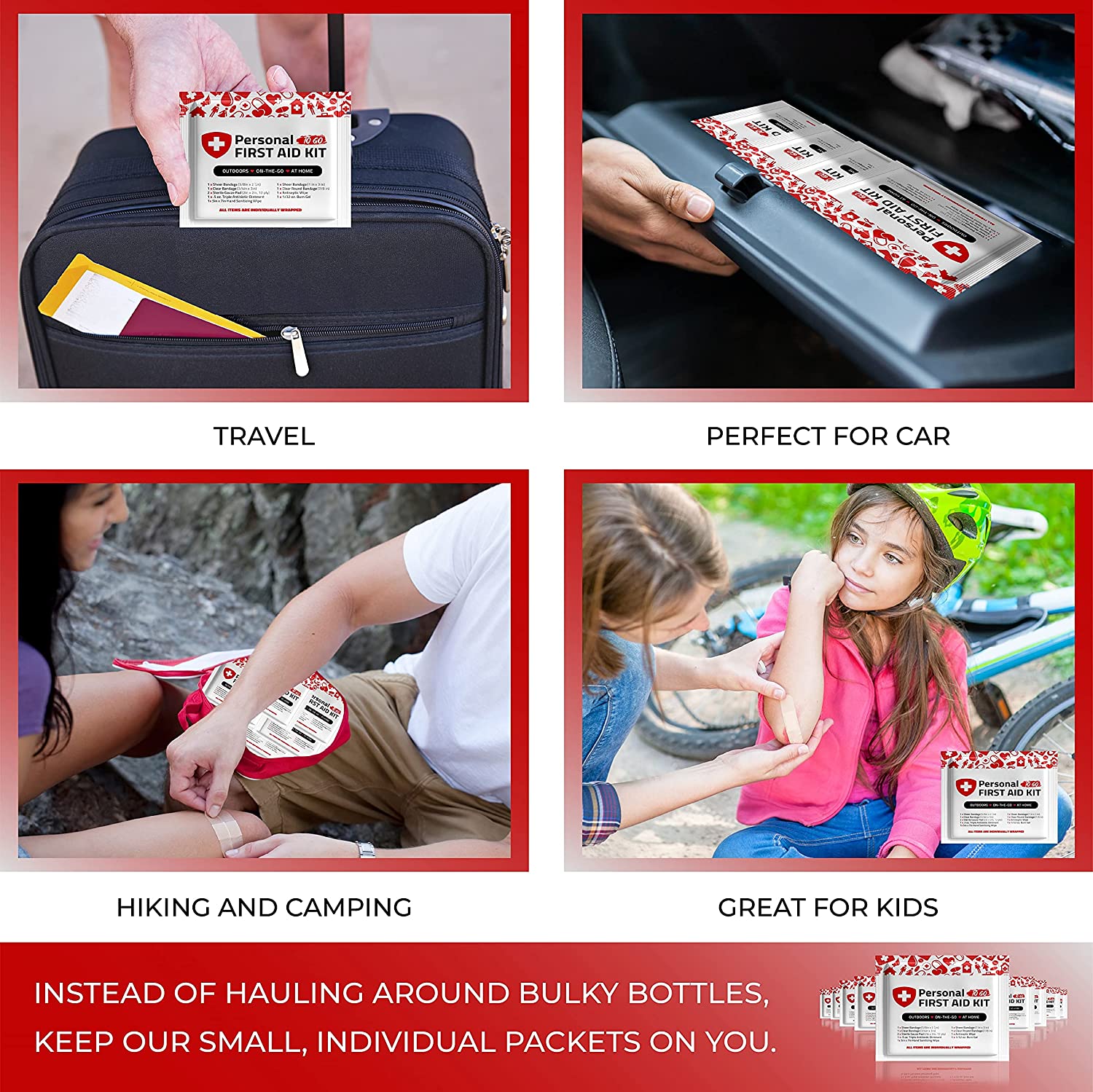 Portable Travel Size First Aid Kit - 10 Pack | Perfect for Home, Office, Car, School, Business, Travel, Hiking, Hunting, and Outdoors | Individually Wrapped First Aid Products (Red)