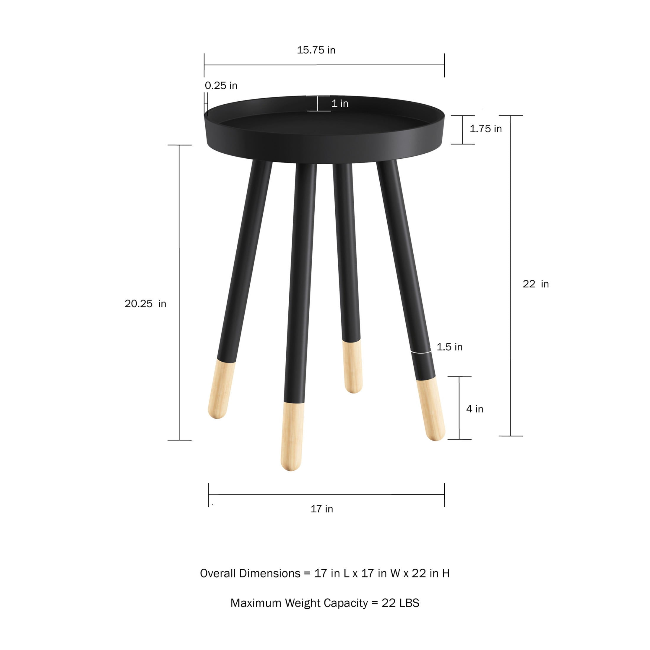 Lavish Home Round Side Table – Modern Wooden Stand with Tray Top, Black