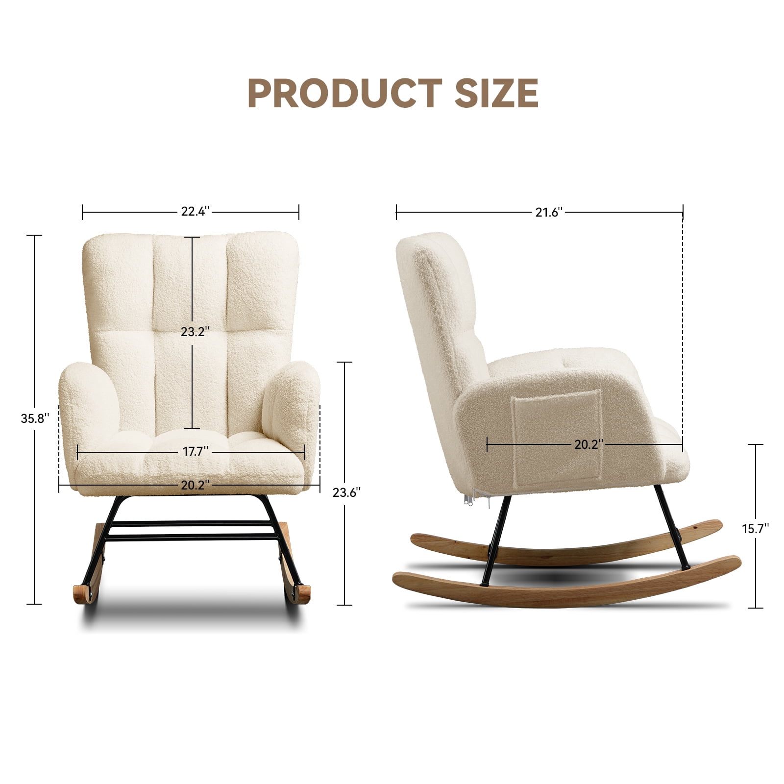 COMHOMA Nursery Rocking Chair, Teddy Upholstered Glider Rocking Chair with Side Pockets, Accent Chair with High Backrest Reading Chair for Adult, Nursery, Bedroom, Living Room,Offices,Beige