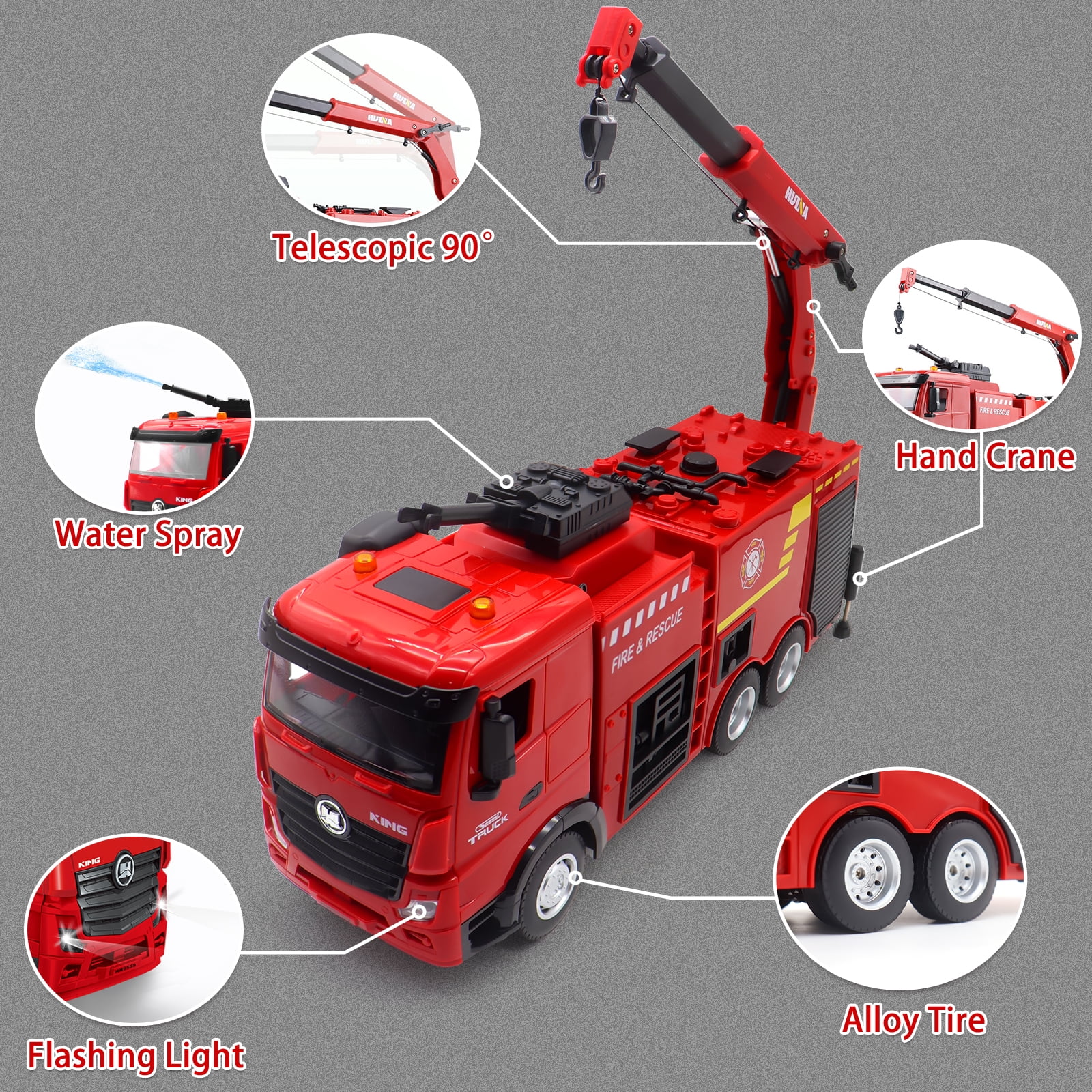 Remote Control Fire Truck, 9 Channel RC Rescue Firetruck with Water Spraying Pump and Lights Sounds, RC Crane RC Truck Toys for Kids Boys Gift