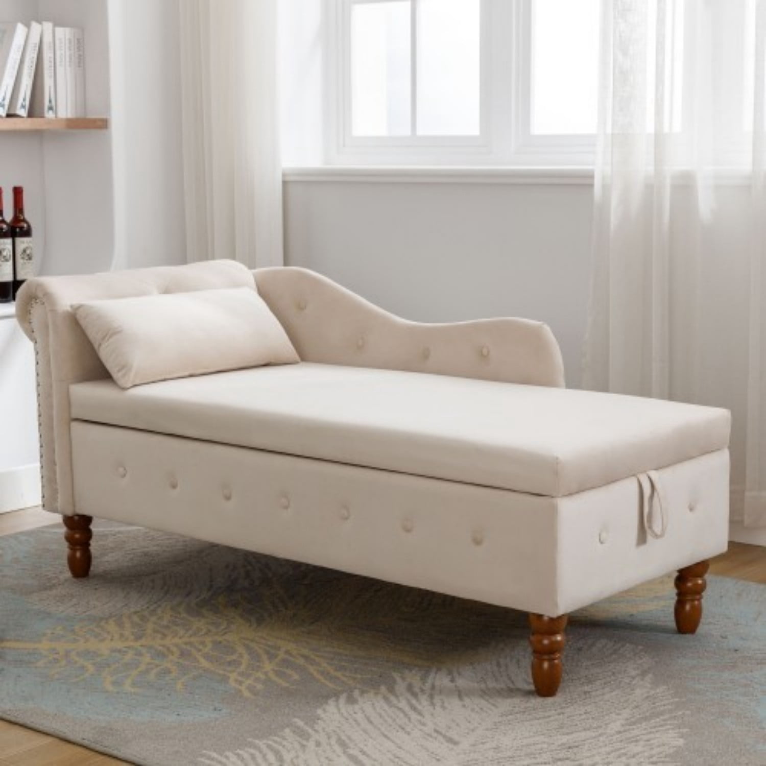 Velvet Chaise Lounge Chair with Storage, Upholstered Chesterfield Lounge Chair with Rolled Arm, Tufted Back, Pillow & Hidden Storage for Living Room, Bedroom & Office, Beige
