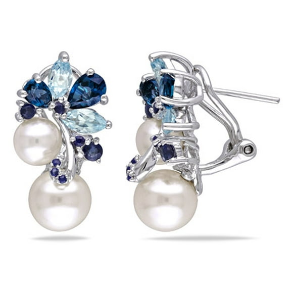 Miabella 3 CT TGW London and Sky Blue Topaz, Sapphire and White Cultured Freshwater Pearl Cluster Earrings in Sterling Silver