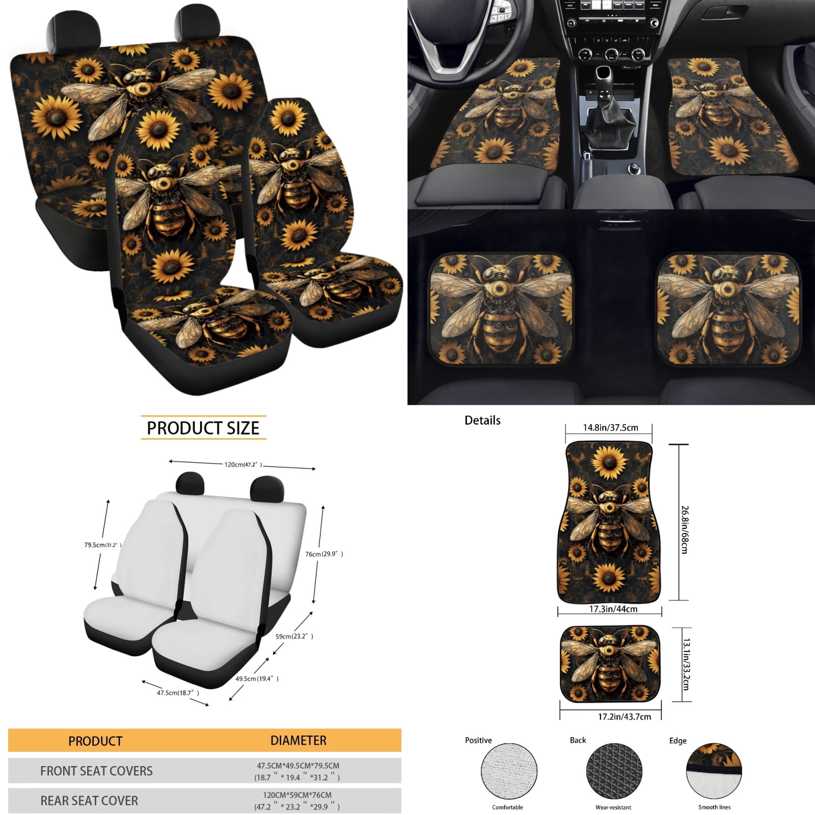 Yuyamidu 15 Pack Bee Car Front Rear Seat Covers Sunflower Car Floor Mats Steering Wheel Cover Seatbelt Cushion Handbrake Cover Shift Gear Knob Cover Coasters
