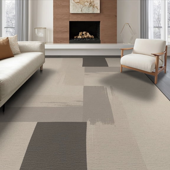 ODIKA 8'x10' Washable Area Rug Non-Shedding, Easy Care, Beige Solid Minimalist Asymmetric Farmhouse Geometric Motif Neutral for King Size Bedroom Under Bed, Master Suite