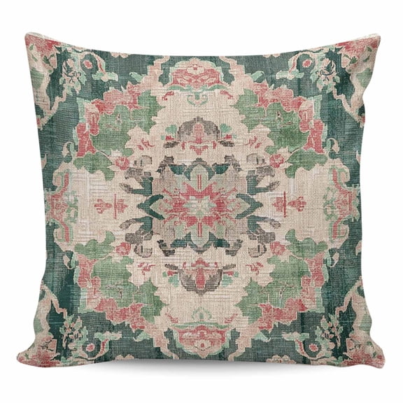 Pink Green Boho Pillow Covers 18x18 Inch Decorative Throw Pillow Cover, Abstract Medieval Vintage Ethnic Floral Sofa Pillowcases Accent Cushion Case Home Decor Bedroom Living Room