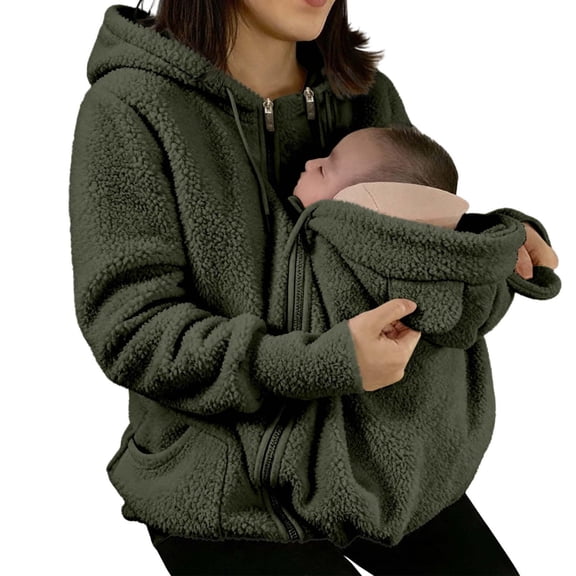 Pet Pouch Hoodie, Womens Maternity Fleece Jacket Full Zip Babywearing Winter Warm Hooded Coat Carrier Outerwear for Women Home Outdoor Fall Cold Weather Army Green L