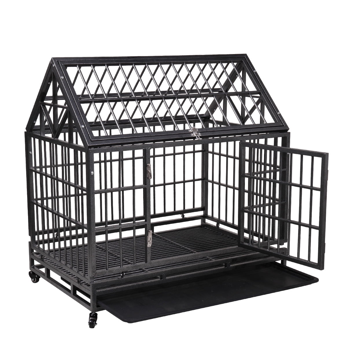 Pefilos 54" Large Dog Cage for Indoor Heavy Duty Metal Dog Crate Kennel with 4 Universal Wheels, Openable Pointed Top and Front Door, Black Pefilos 54" Large Dog Cage for Indoor Heavy Duty Metal Dog Crate Kennel with 4 Universal Wheels, Openable Pointed Top and Front Door, Black