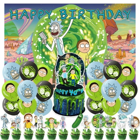 32 Pcs For Rick and Morty Theme Party Decorations,With 5*3ft Birthday Backdrop Decorations,18 Balloons,13 Cupcake Toppers Balloons,for Birthday Party Decorations