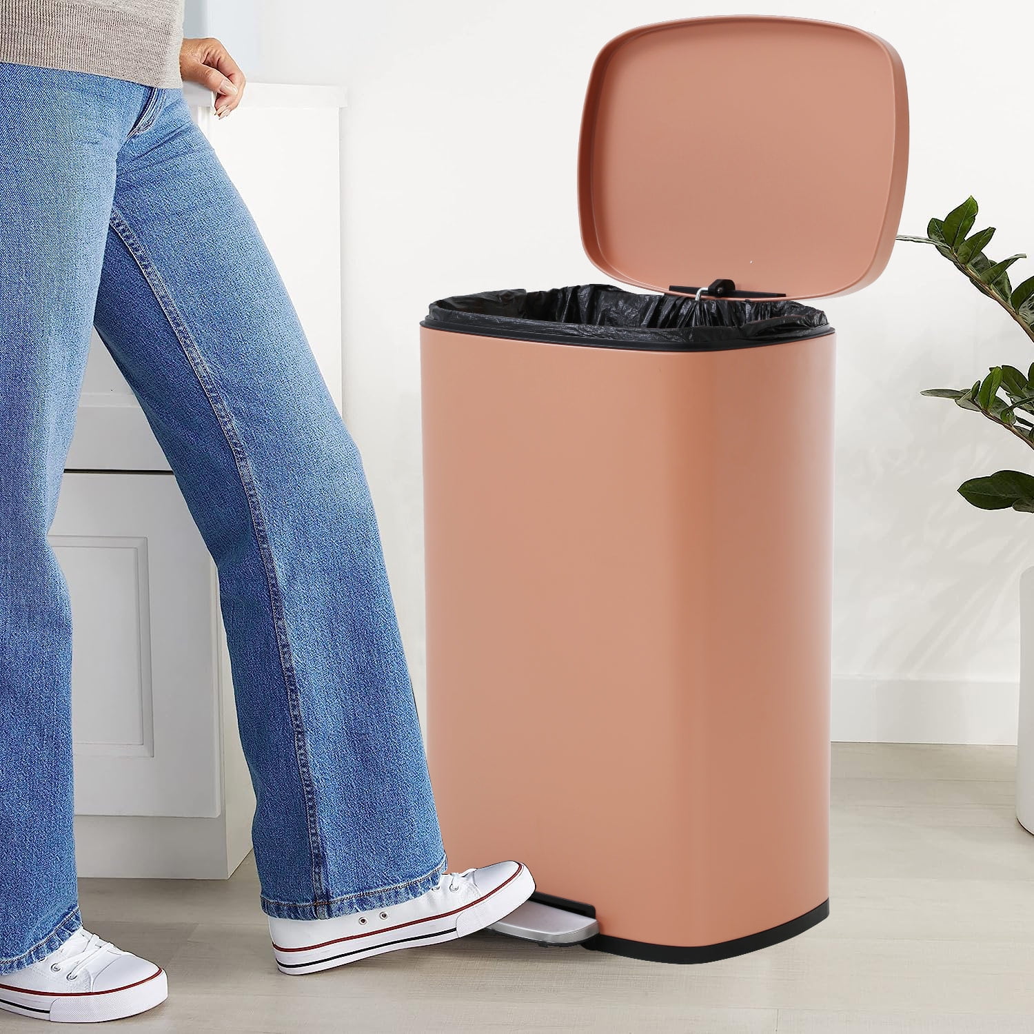 CL.HPAHKL 13 Gallon Step-on Trash Can with Soft-Close Lid, Stainless Steel Kitchen Garbage Can with Foot Pedal and Removable Inner Bucket, Fingerprint-Proof Trash bins for Home Office, Pink