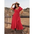 thumbnail image 6 of Rose Red Plus Size Women Tie-Wrap Ruffle Hem Maxi Dress With Puffed Sleeves Boho Western Style, 6 of 8