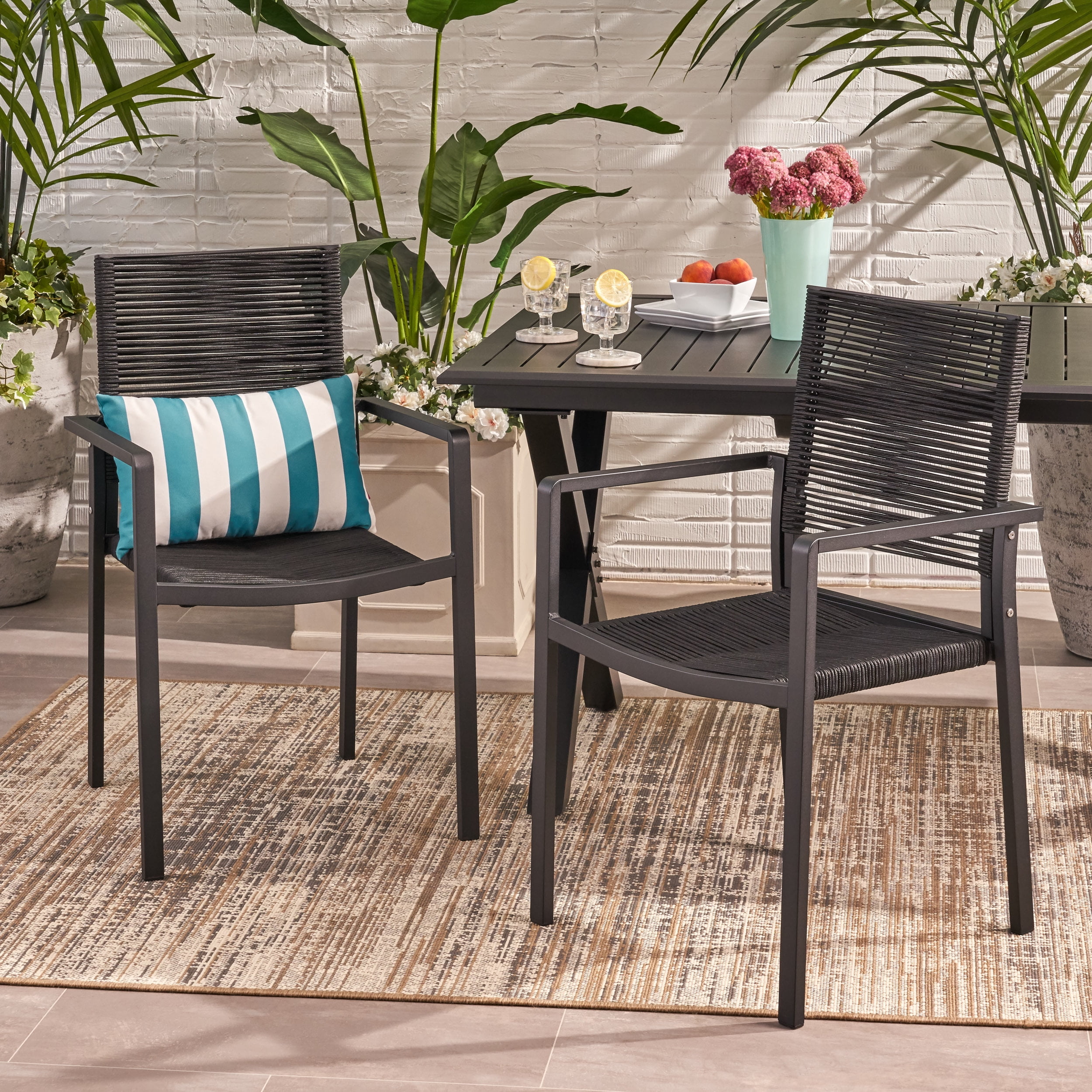 Gannon Outdoor Modern Aluminum Dining Chair with Rope Seat, Set of 2 ...