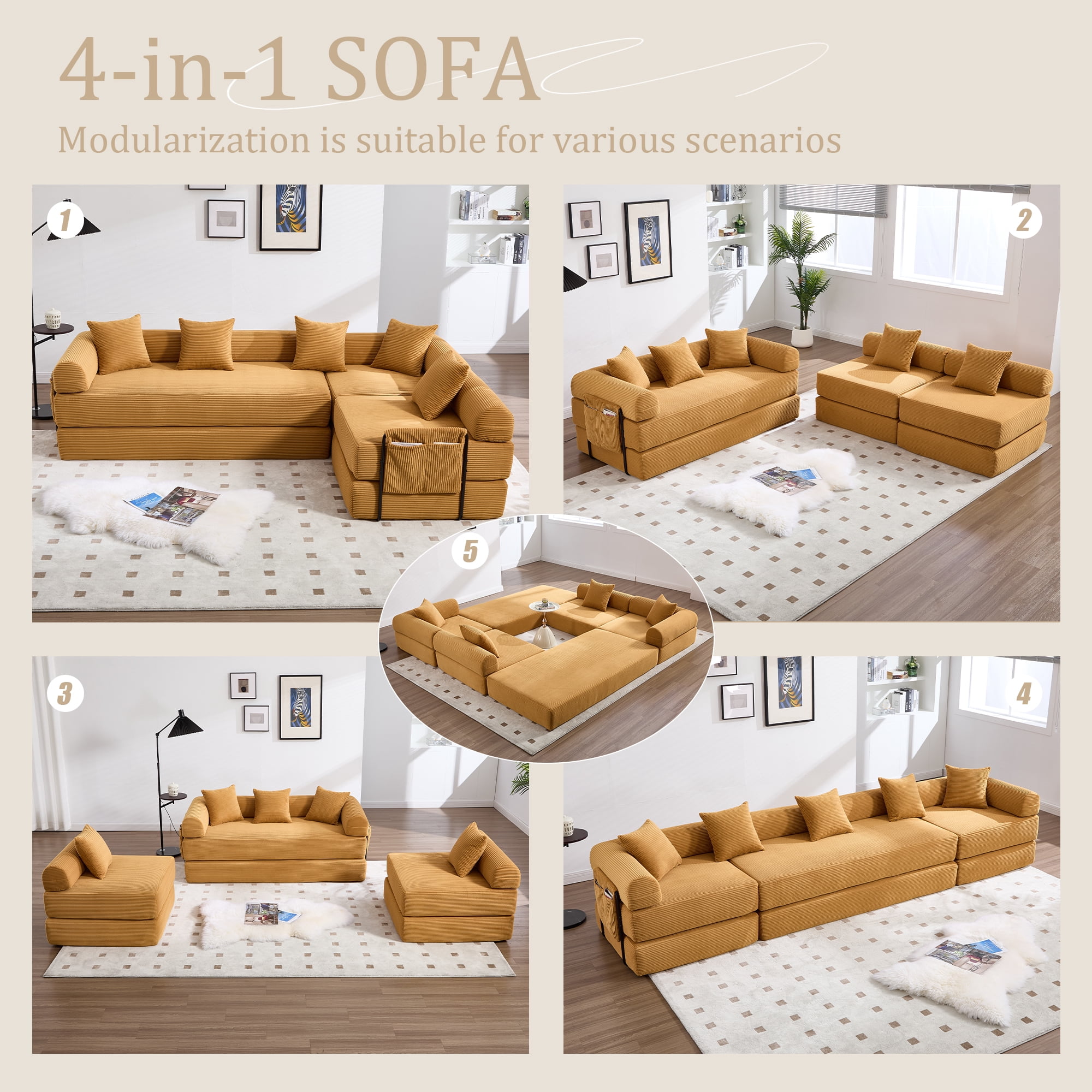 MOONMISS Corduroy Upholstered Convertible Folding Sofa Bed with Fixed Frame and Pillow Back Handrail-Yellow