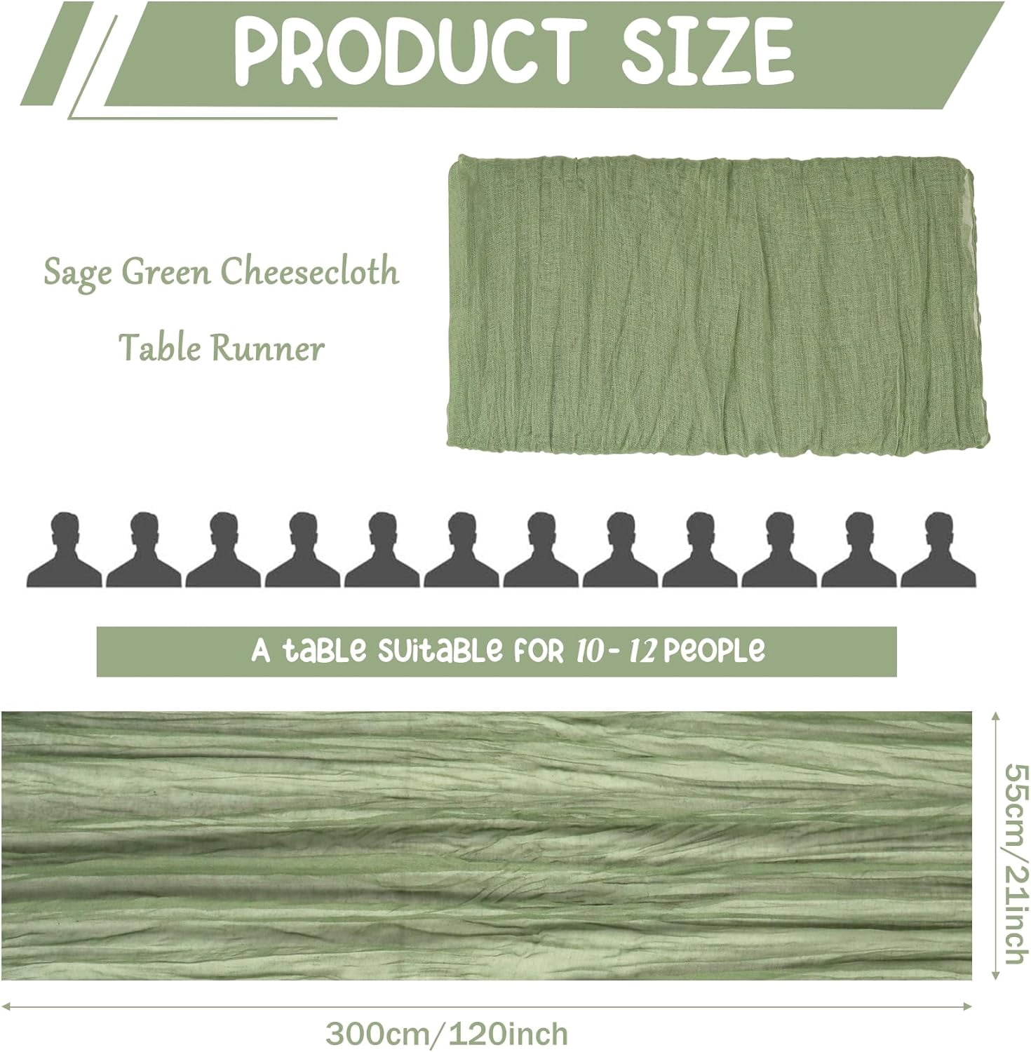 10 Pack Sage Green Cheesecloth Table Runner 10FT Boho Gauze Fabric Vintage Rustic