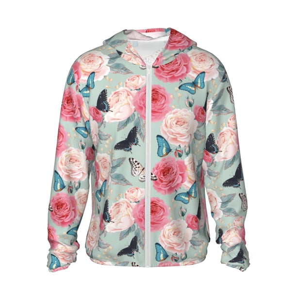 Balery Roses and Butterflies Sudadera ligera de manga larga con capucha y protección solar UPF 50+ para hombre y mujer, ideal para pesca y running-Small