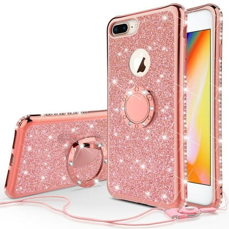 iPhone 7 Plus Case, iPhone 8 Plus Case w/[Temper Glass] Glitter Cute Phone Case Kickstand, Bling Diamond Bumper Ring Stand Protective Pink iPhone 7 Plus/ 8 Plus Case for Girl Women - Rose