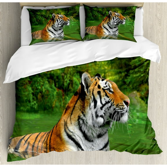 Tiger Duvet Cover Set, Black Striped Large Cat from Siberia Swimming in the Lake in the Forest, Decorative 3 Piece Bedding Set with 2 Pillow Shams, Calking Size, Fern Green Pale Brown, by Ambesonne
