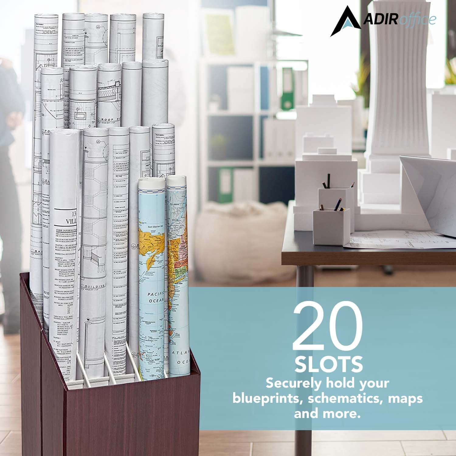 AdirOffice Blueprint Storage Bin Organizer - 20 Compartment Corrugated Cardboard Roll File Organizer, Brown
