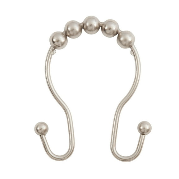 Kenney Rust-Resistant Metal Beaded Roller Ball Shower Curtain Double Hooks, Set of 12, Brushed Nickel