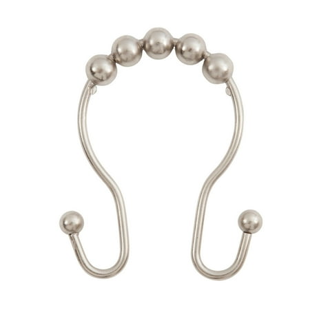 Kenney Rust-Resistant Metal Beaded Roller Ball Shower Curtain Double Hooks, Set of 12, Brushed Nickel