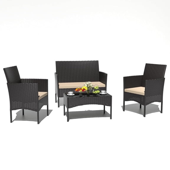 ASJMR 4 Pieces Outdoor Patio Furniture Sets Conversation Sets Rattan Chair Wicker Sets with Cushions & Tempered Glass Table for Patio Pool Backyard,Brown