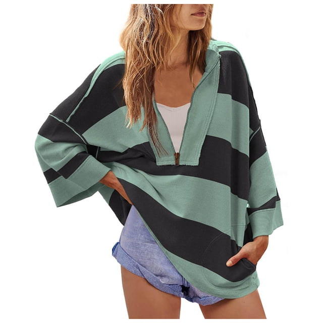 Yuyuzo Womens Oversized Sweatshirts Half Zip Striped Shirts Color Block Casual Loose Pullover Tops