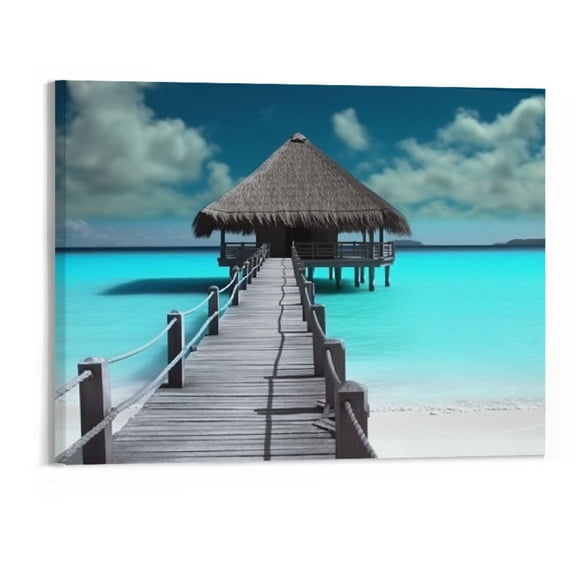 Jrxy Canvas Wall Art Ocean Seascape Black and Teal Painting Prints Modern Teal Coastal Bridge Grey Turquoise Landscape Pictures Framed Palm Tree Decor for Bathroom 20x16in Each Panel 20x16in