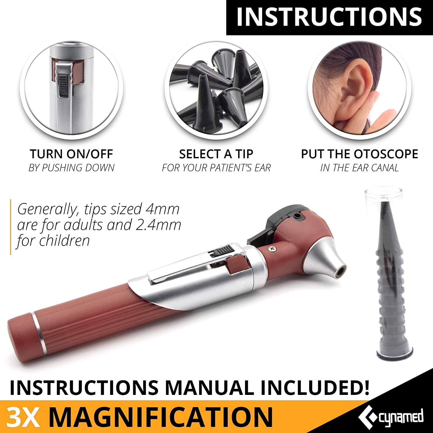 Cynamed Mini Otoscope - Portable Ear Light and Exam Kit for Home and Professional Use - 4X Magnifying Fiber Optic Scope with Spare Tips, Bulb, and Carrying Case - Pocket Diagnostic Equipment (Maroon)