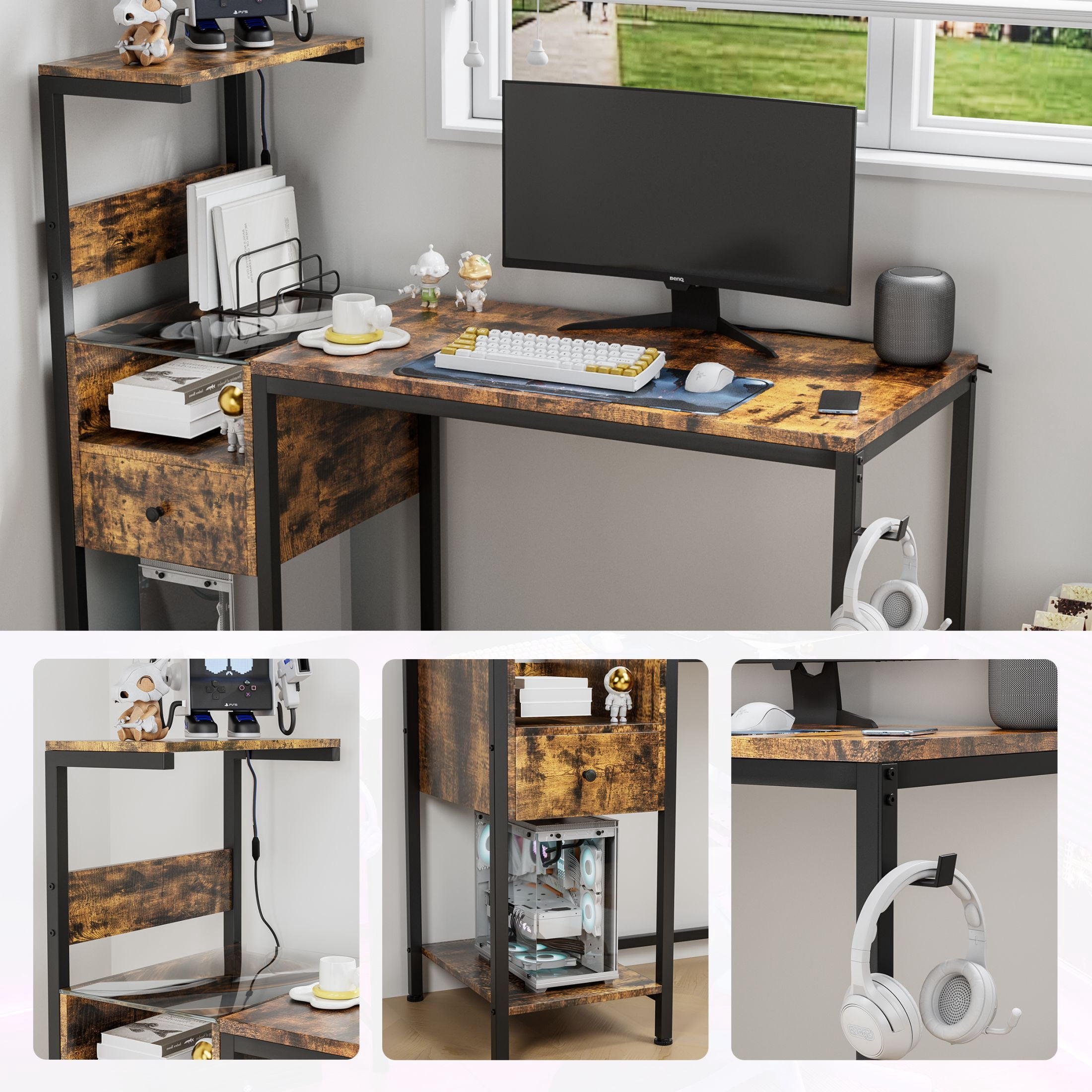 DEALTOPS Computer Desk with LED Lights, Gaming Desk with Reversible Shelves and Charging Station, Rustic Brown