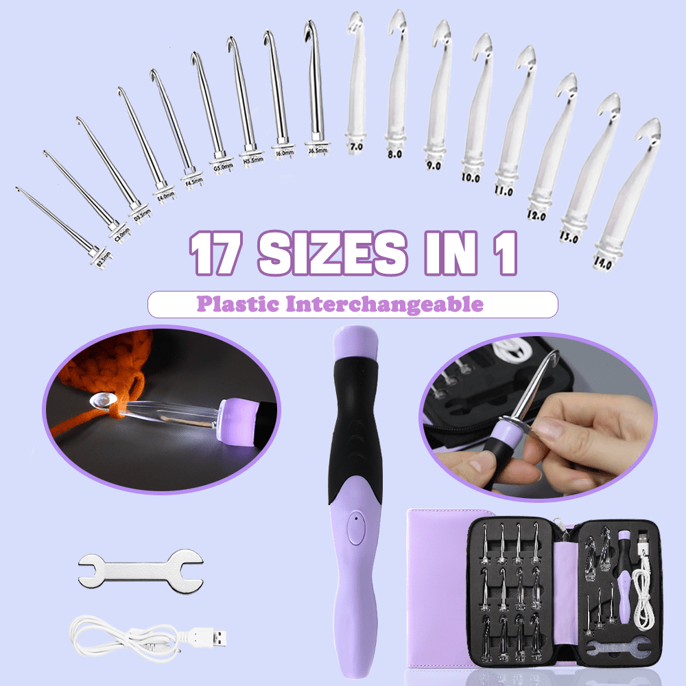 Yarniss 17 Sizes Lighted Crochet Hooks Set 2.5mm~14.0mm, Metal Crochet Hook with Interchangeable Crochet Head