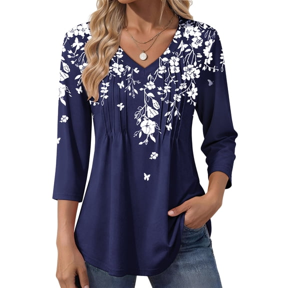 Fantaslook 3/4 Length Sleeve Womens Tops Dressy Casual Boho Blouses V Neck Pleated Tunic Tops Work Shirts
