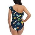thumbnail image 5 of Uemuo Funny Spaceships Print Women's One Piece Swimsuit Asymmetrical Neck Bathing Suit One Shoulder Side Cutout Ruffle Swimwear-X-Large, 5 of 6