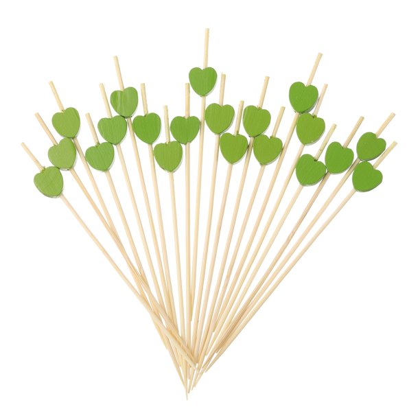 Uxcell 100Pcs Palillos de cóctel en forma de corazón de bambú para bebidas, alimentos y frutas, verde