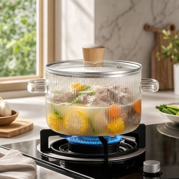 Borosilicate Glass Cooking Pot, Clear High-Borosilicate Cooking Pot, Dual-Handle Heat-Ready Cookware, Kitchen Pot for Soup, Noodles and Simmering, Practical Tool for Home and Kitchen Use, Clear