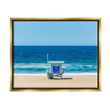 Stupell Industries Vivid Blue Beach Water Waves Coastline Hut Photograph Metallic Gold Floating Framed Canvas Print Wall Art, Design by Jeff Poe Photography